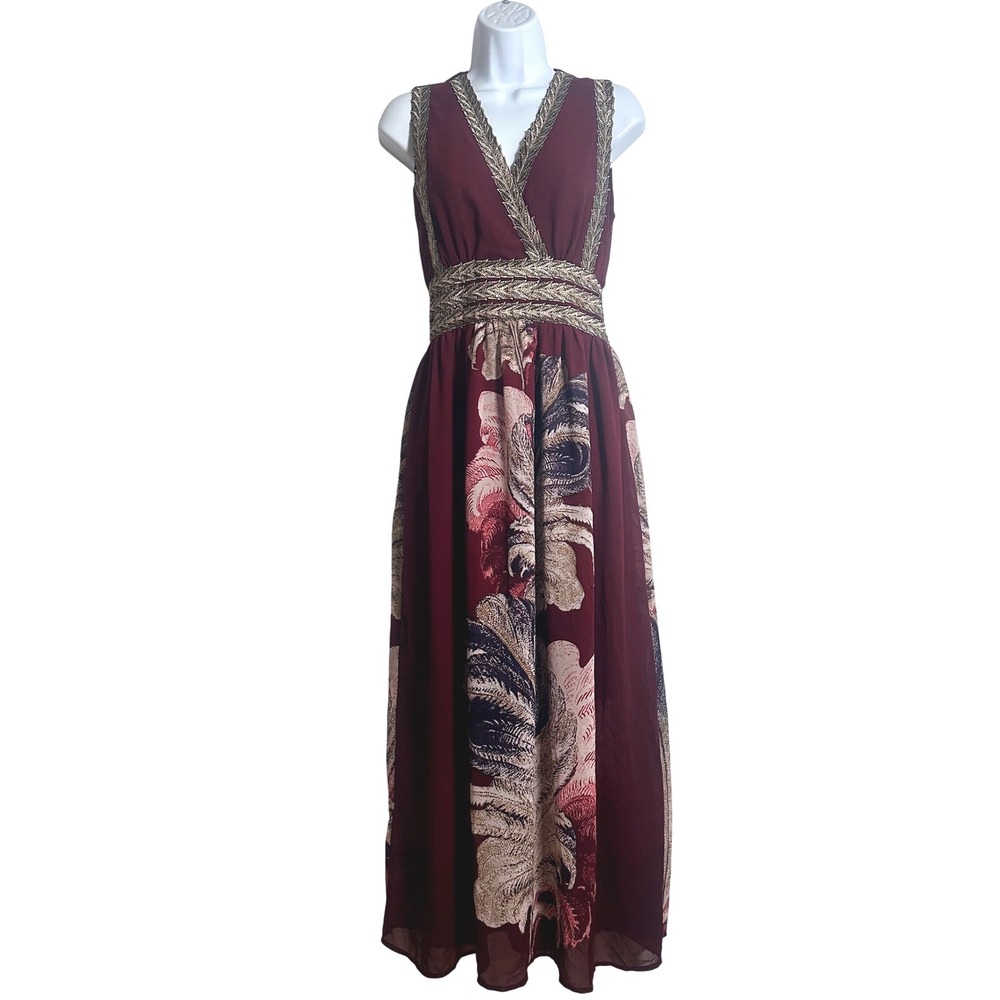 Metisu Burgundy Feather Print Maxi Dress Gold Leaf Embroidery V-Neck XL Boho